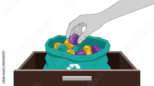 Hand placing used coffee capsules in recycling bag for eco-friendly disposal