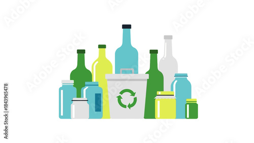 Eco-friendly glass recycling: colorful bottle and jar collection with recycling symbol