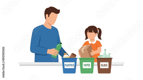 Family recycling activity: father and daughter sorting waste into recycle bins