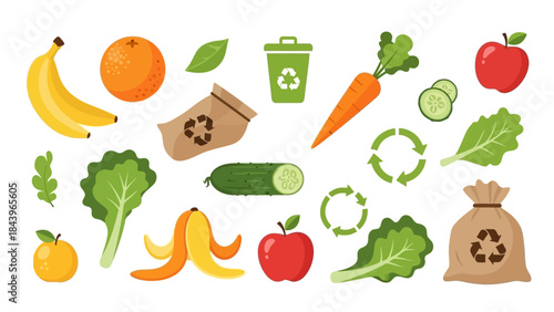 Eco-friendly fruits and vegetables with recycling symbols on white background