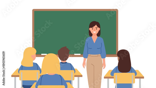 Teacher in classroom with students facing chalkboard in flat design