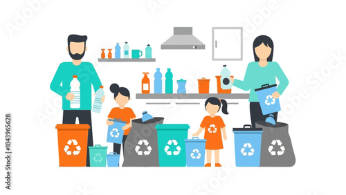 Family practicing recycling at home with colorful bins