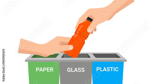 Recycling concept with hands sorting waste into paper, glass, and plastic bins