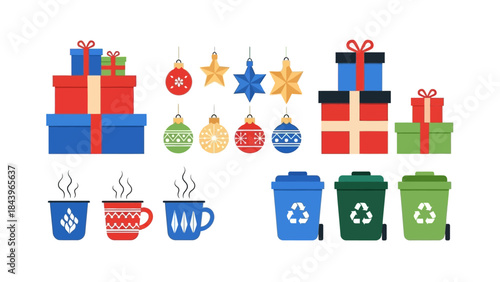 Christmas gifts and holiday icons with recycling bins in festive colors
