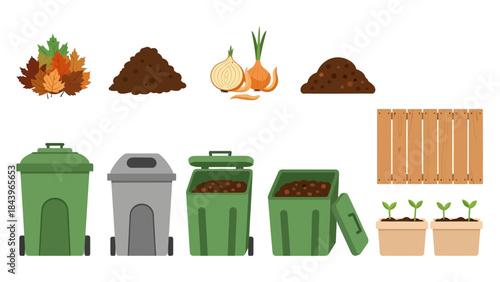 Composting elements and process with bins and planting stages in flat design