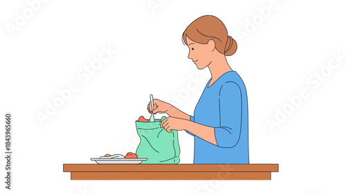 Woman packing food in eco-friendly bag at kitchen counter