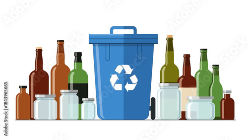 Blue recycling bin with glass bottles and jars in flat design for eco-friendly waste management