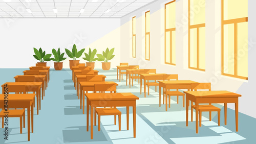 Sunlit classroom with wooden desks and green plants