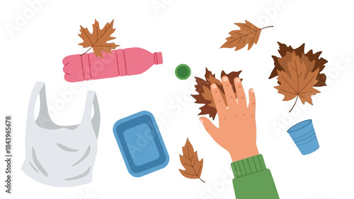 Flat style hand sorting autumn leaves and recyclable waste objects