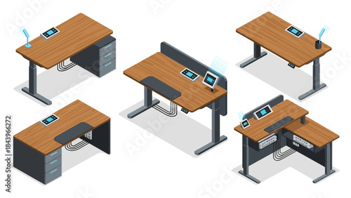 Modern isometric office desks with technology and adjustable features