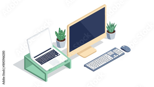 Modern workspace setup with desktop and laptop in isometric style
