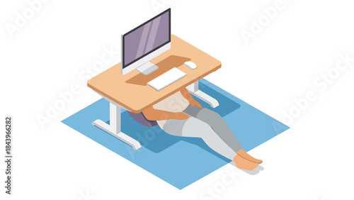 Isometric home office setup with workspace comfort under desk perspective