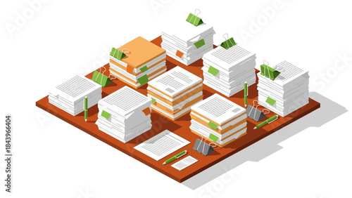 Isometric office organization: stacks of paper and clips in orderly arrangement