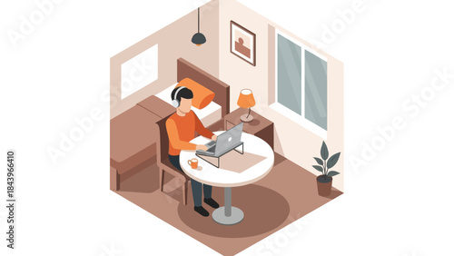 Isometric home office setup with person working on laptop