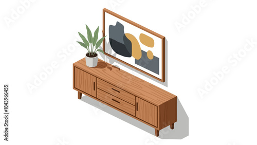 Modern isometric sideboard with art and plant in minimalistic interior design