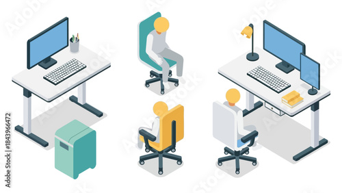 Modern office desk setup with isometric furniture and computer in workspace design