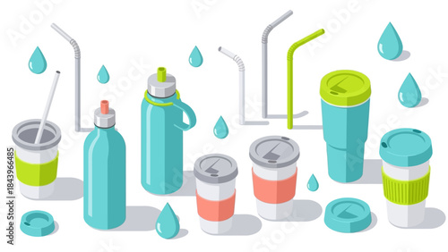 Isometric eco-friendly reusable drinkware collection with straws and water drops