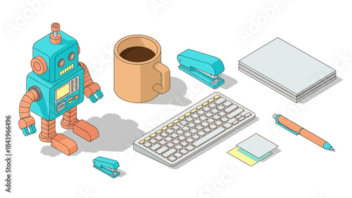 Isometric desk setup with robot, keyboard, and office essentials