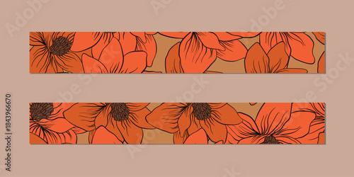 Vector illustration of a set of decorative ribbon stripes. Masking tape, satin or corsage, grssgrain tape, adhesive tapes for frames, scrapbooking. Packing patterned ribbons with foral ornament.