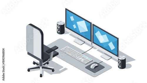 Modern isometric office desk setup with dual monitors