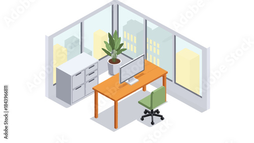 Isometric modern office space with desk, computer, and city view in minimalist design