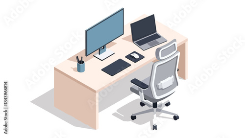 Modern isometric office workspace with computer and chair