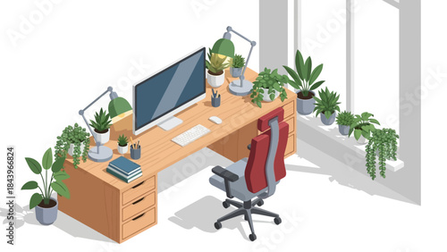 Modern office workspace with plants and desk accessories in isometric style