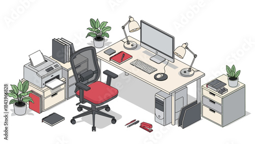 Modern isometric office workspace with computer, chair, printer, and plants