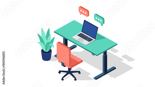 Modern isometric office workspace with laptop and chat bubbles