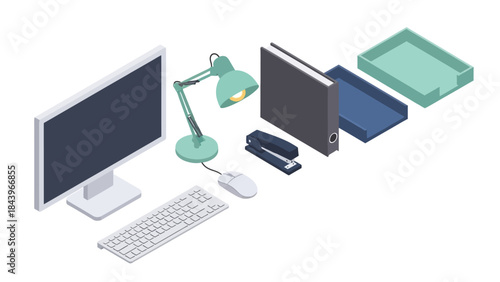 Isometric office workspace elements with computer, lamp, and stationery items