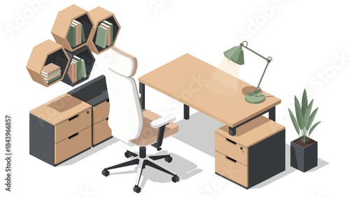 Modern workspace with hexagonal bookshelves and office furniture