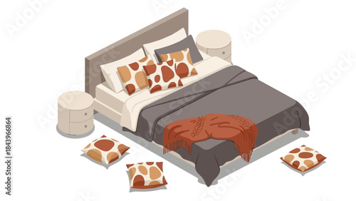 Cozy isometric bedroom with stylish pillows and modern bed design