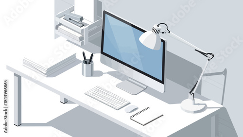 Minimalist workspace with desktop computer and lamp in isometric style