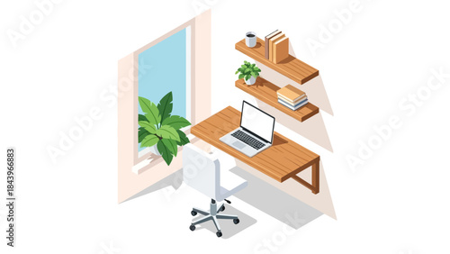 Isometric home office setup with desk, laptop, and decorative elements