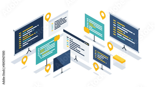 Isometric software development concept with code and monitor screens