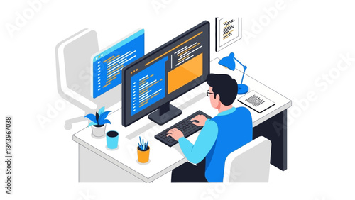 Isometric office workspace with programmer coding at dual monitors