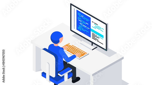 Isometric programmer at desk writing code on computer