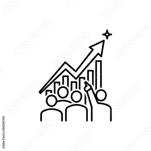 Business Growth Illustration: A minimalist line drawing captures a business concept, illustrating upward growth with a chart and a team reaching for a star, symbolizing ambition and success.