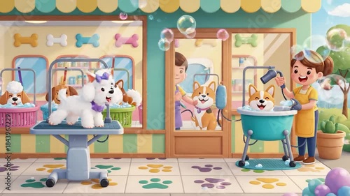 Cute Cartoon Dogs Enjoying a Luxurious Spa Day at a Pet Grooming Salon.