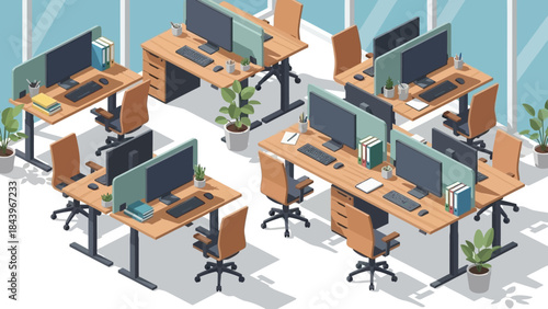 Modern isometric office space with desks and computers in open workspace