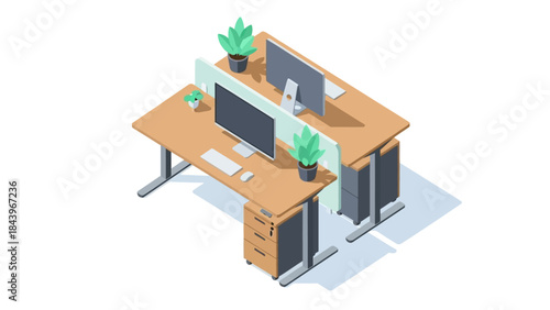 Modern isometric office workspace with desks and computers