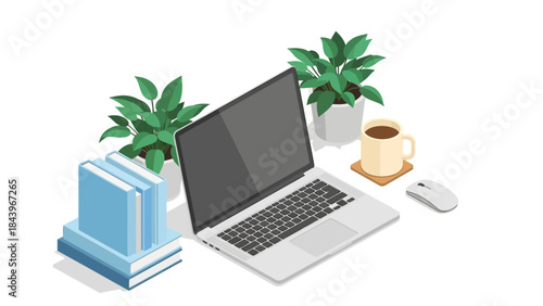 Isometric workspace with laptop, coffee, books, and plants on white background