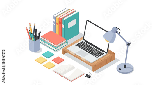 Modern office workspace with laptop, books, and stationery in isometric design