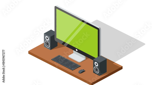 Modern isometric computer setup with dual speakers on wooden desk