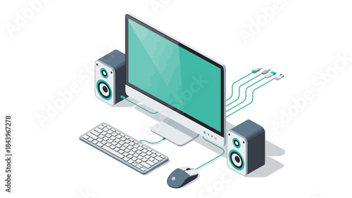 Modern isometric home office setup with desktop computer and speakers