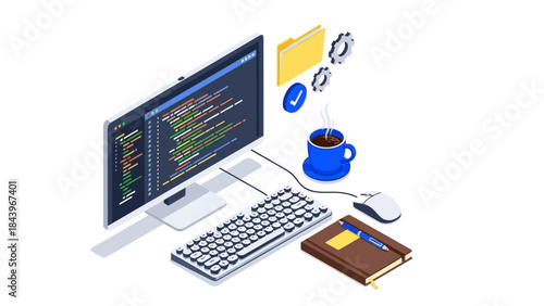 Isometric workspace with computer and coffee for coding enthusiasts