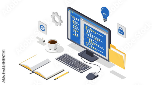 Isometric workspace with computer, coffee, and programming elements for a modern office setup