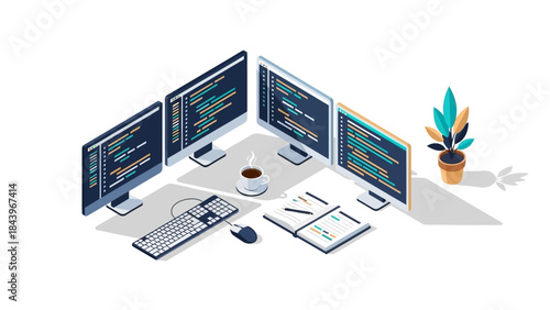 Modern home office workspace with multiple monitors and coding setup in isometric style