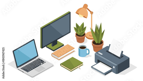 Modern isometric home office workspace with computer, printers, and plants