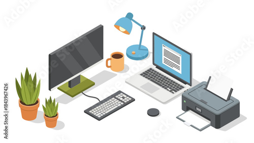 Modern home office workspace setup with laptop, printer, and accessories in isometric style